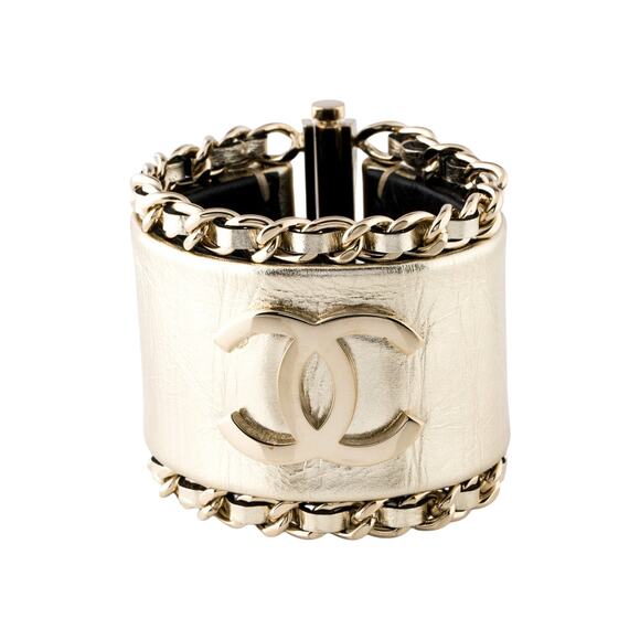 CHANEL Jewelry - Chanel Gold-tone Leather Interlocking CC Wide Bracelet